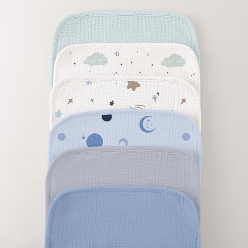 Bearmoss Muslin Burp Cloths, 100% Cotton Baby Burping Clothes, Large Extra Soft Absorbent for Unisex Newborn Boy and Girl, 20x10in, 6 Pack, Blue Print - Image 3