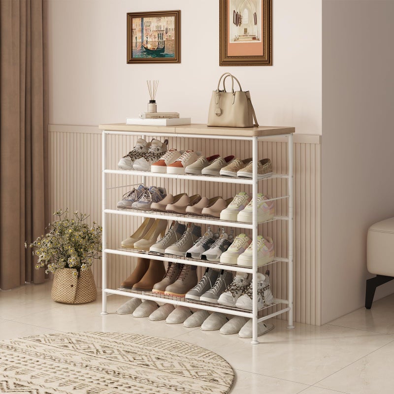 SUOERNUO Shoe Rack Organizer 5 Tier for Closet Entryway Free Standing Metal Storage Shoe Shelf with MDF Top Boardï¼ŒWhite+Oak - Image 3