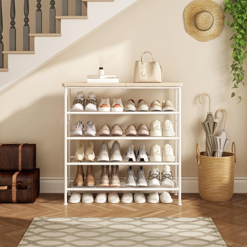 SUOERNUO Shoe Rack Organizer 5 Tier for Closet Entryway Free Standing Metal Storage Shoe Shelf with MDF Top Boardï¼ŒWhite+Oak - Image 5
