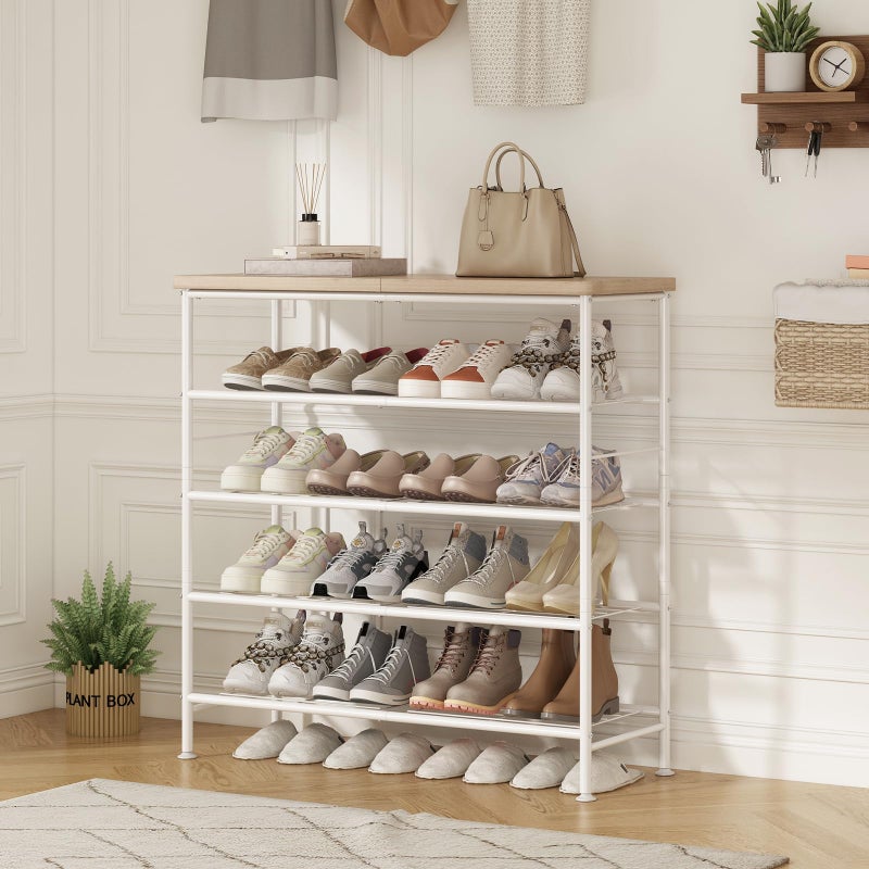 SUOERNUO Shoe Rack Organizer 5 Tier for Closet Entryway Free Standing Metal Storage Shoe Shelf with MDF Top Boardï¼ŒWhite+Oak - Image 2