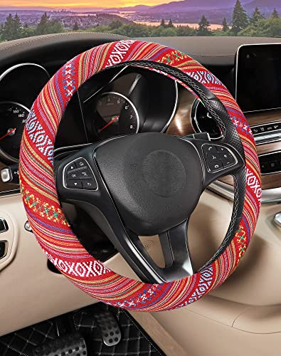 SEG Direct Boho Steering Wheel Cover with Baja Blanket Cloth Ethnic Style Auto Wheel Cover Made of Coarse Flax Fits 14 1215 14 inches Car Wheel - Image 1