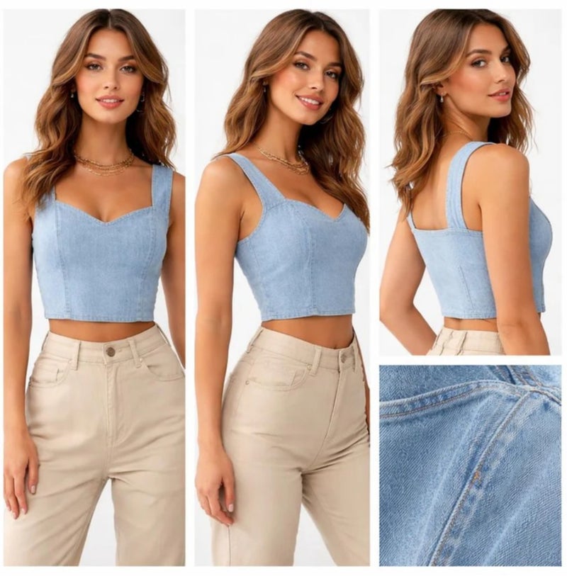 Women's Light Blue Denim Corset Crop Top with Sweetheart Neckline and Thick Straps