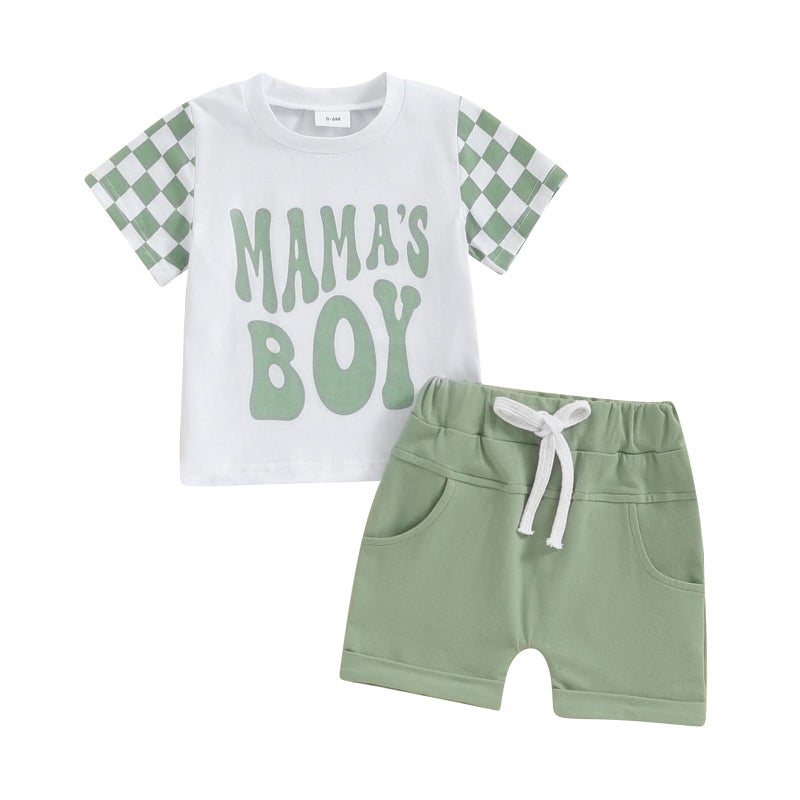 FOCUSNORM Toddler Boys Summer Outfits Mamas Boy Checkerboard Short Sleeve T-Shirts Tops and Elastic Waist Shorts Clothes Sets (Checkerboard Green, 18-24 Months) - Image 1