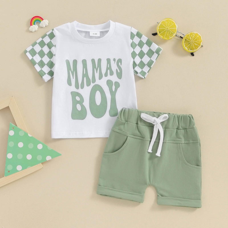 FOCUSNORM Toddler Boys Summer Outfits Mamas Boy Checkerboard Short Sleeve T-Shirts Tops and Elastic Waist Shorts Clothes Sets (Checkerboard Green, 18-24 Months) - Image 3