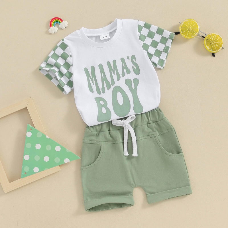 FOCUSNORM Toddler Boys Summer Outfits Mamas Boy Checkerboard Short Sleeve T-Shirts Tops and Elastic Waist Shorts Clothes Sets (Checkerboard Green, 18-24 Months) - Image 4