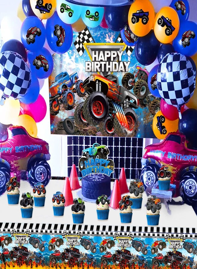 Roaring Good Time 63 PCS Monster Truck Birthday Party Supplies Monster Trucks Birthday Decoration Monster Trucks Party Supplies Monster Truck Backdrop Balloons Tablecloth Cake Toppers Cupcake Toppers - Image 1