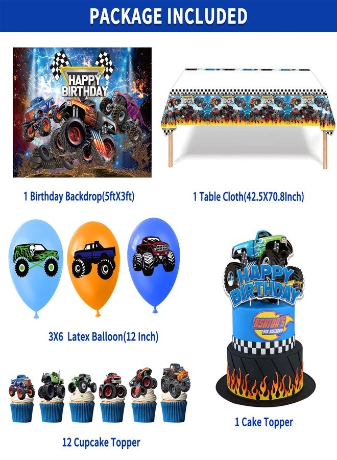 Roaring Good Time 63 PCS Monster Truck Birthday Party Supplies Monster Trucks Birthday Decoration Monster Trucks Party Supplies Monster Truck Backdrop Balloons Tablecloth Cake Toppers Cupcake Toppers - Image 2