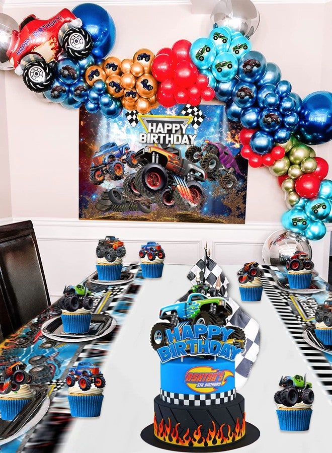 Roaring Good Time 63 PCS Monster Truck Birthday Party Supplies Monster Trucks Birthday Decoration Monster Trucks Party Supplies Monster Truck Backdrop Balloons Tablecloth Cake Toppers Cupcake Toppers - Image 5