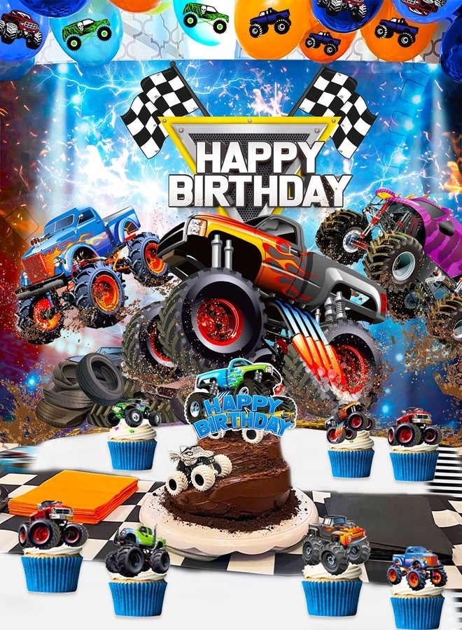 Roaring Good Time 63 PCS Monster Truck Birthday Party Supplies Monster Trucks Birthday Decoration Monster Trucks Party Supplies Monster Truck Backdrop Balloons Tablecloth Cake Toppers Cupcake Toppers - Image 4