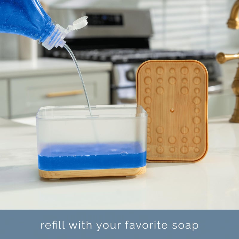 S&T INC. Dish Soap Dispenser and Sponge Holder for Kitchen Sink, Waterproof Labels and Sponge Included, 13 Ounces, Plastic, Bamboo - Image 3
