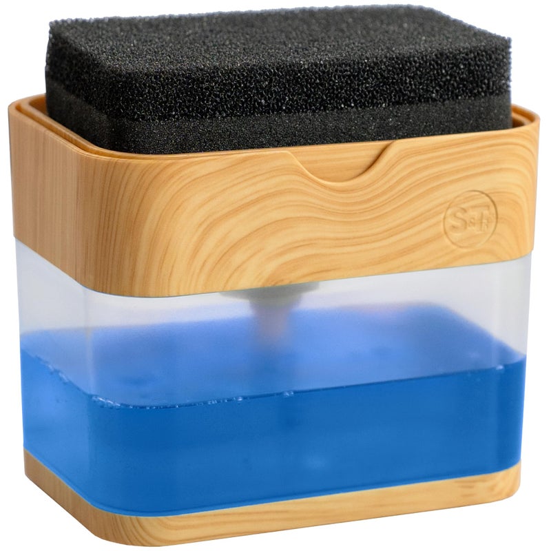 S&T INC. Dish Soap Dispenser and Sponge Holder for Kitchen Sink, Waterproof Labels and Sponge Included, 13 Ounces, Plastic, Bamboo - Image 1