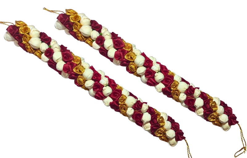 Ervio Beautiful Artificial Flower Gajra Bun Juda Maker Flower Gajra Hair Accessories For Women and Girls Wedding Bridal Bun Decoration White Maroon Gold Mix Veni - Image 2
