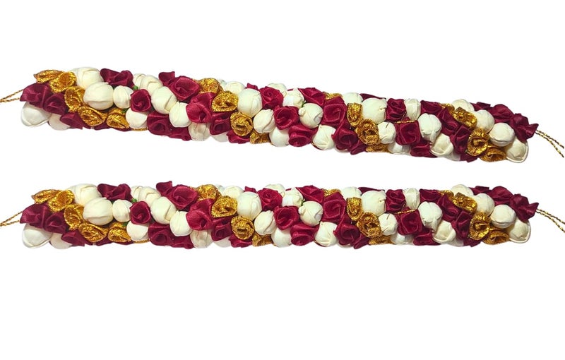 Ervio Beautiful Artificial Flower Gajra Bun Juda Maker Flower Gajra Hair Accessories For Women and Girls Wedding Bridal Bun Decoration White Maroon Gold Mix Veni - Image 3