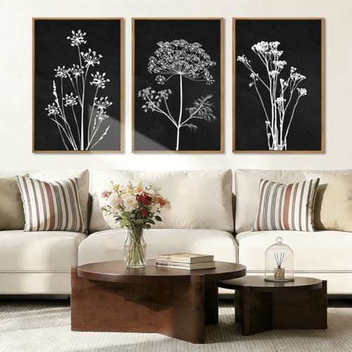 BINCUE Framed Botanical Wall Art Black Grey and White Plant Floral Art Prints Flowers Wall Decor Black Artwork White Floral Wall Pictures Botanical Paintings for Living Room Bedroom Office Farmhouse 3 Panel 16x24 Inches - Image 1