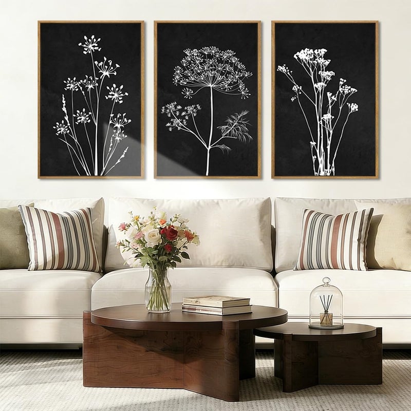 BINCUE Framed Botanical Wall Art Black Grey and White Plant Floral Art Prints Flowers Wall Decor Black Artwork White Floral Wall Pictures Botanical Paintings for Living Room Bedroom Office Farmhouse 3 Panel 16x24 Inches - Image 2