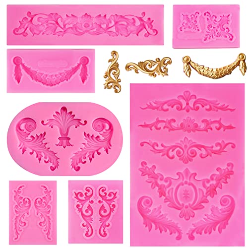 Rainmae 7 Pcs Baroque Fondant Silicone Molds, Relief Flower Lace Chocolate Mould, Scroll Lace Clay Mold, Filigree Mold 3D Sculpted Decoration, Cupcake Topper, Jewelry, Polymer Clay, Crafting Projects - Image 1