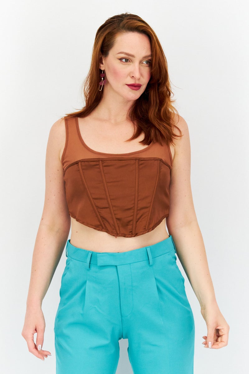 Missguided Women Petite Square Neck Sleeveless Mesh Crop Top, Brown - Image 1