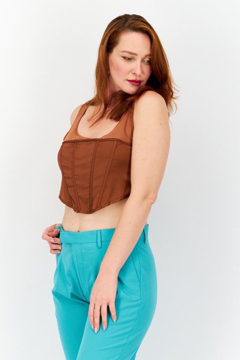 Missguided Women Petite Square Neck Sleeveless Mesh Crop Top, Brown - Image 2