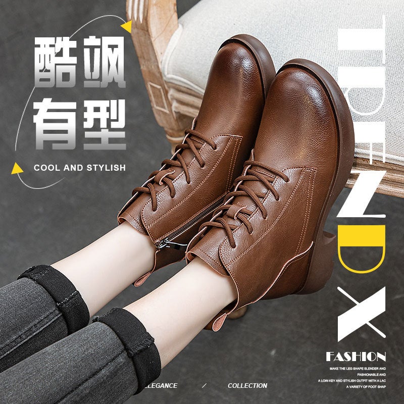 British Vintage Genuine Leather Martin Boots Women'S All-Match Thick Heel Thick Bottom Knight Boots Warm Breathable Non-Slip Slimming Short Boots - Image 2