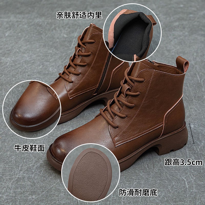 British Vintage Genuine Leather Martin Boots Women'S All-Match Thick Heel Thick Bottom Knight Boots Warm Breathable Non-Slip Slimming Short Boots - Image 3