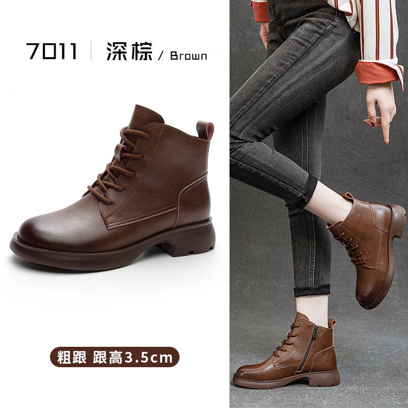 British Vintage Genuine Leather Martin Boots Women'S All-Match Thick Heel Thick Bottom Knight Boots Warm Breathable Non-Slip Slimming Short Boots - Image 1