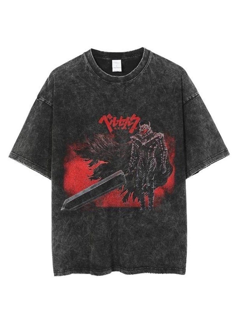 Men's new washed old dark anime print street retro t-shirt street trendy round neck short-sleeved t-shirt - Image 1