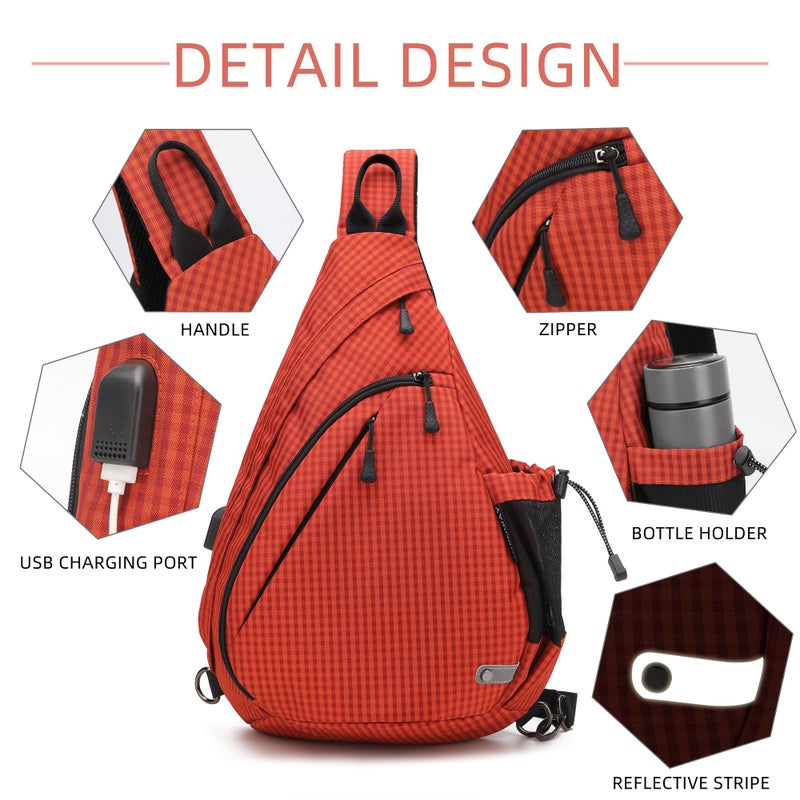 TurnWay Water-Proof Sling bag/Crossbody Backpack/Shoulder Bag with USB Charging Port for Travel, Hiking, Cycling, Camping (Orange Grid) - Image 4