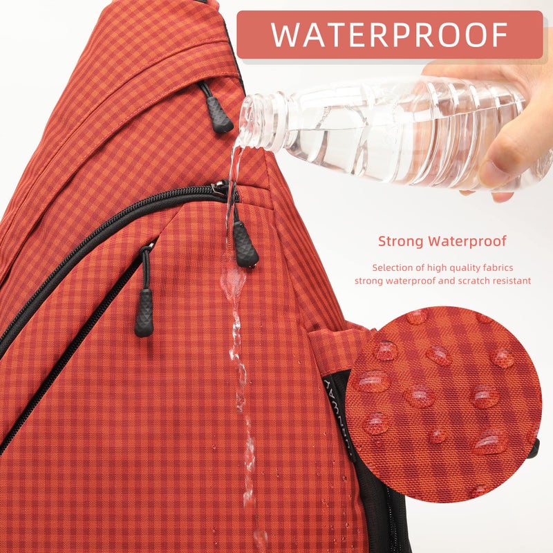 TurnWay Water-Proof Sling bag/Crossbody Backpack/Shoulder Bag with USB Charging Port for Travel, Hiking, Cycling, Camping (Orange Grid) - Image 5