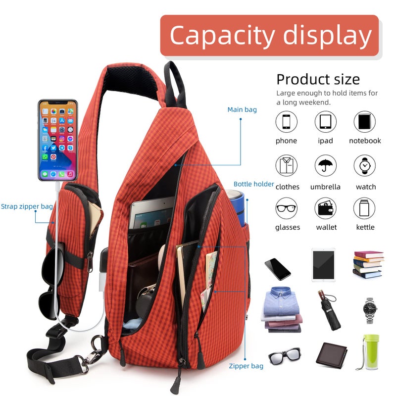 TurnWay Water-Proof Sling bag/Crossbody Backpack/Shoulder Bag with USB Charging Port for Travel, Hiking, Cycling, Camping (Orange Grid) - Image 2