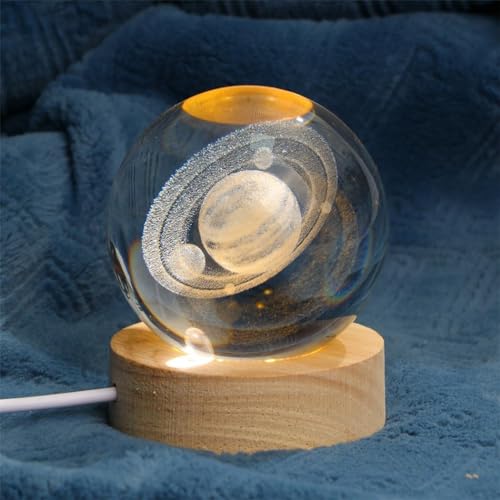Lexton 3D Saturn Planet Design Decorative Light | 6 LED Lights, Modern Artificial 3D Crystal Ball Shaped with Wooden Base for Astronomy Home Decoration, Birthday Gifts (Pack of 1) - Image 1