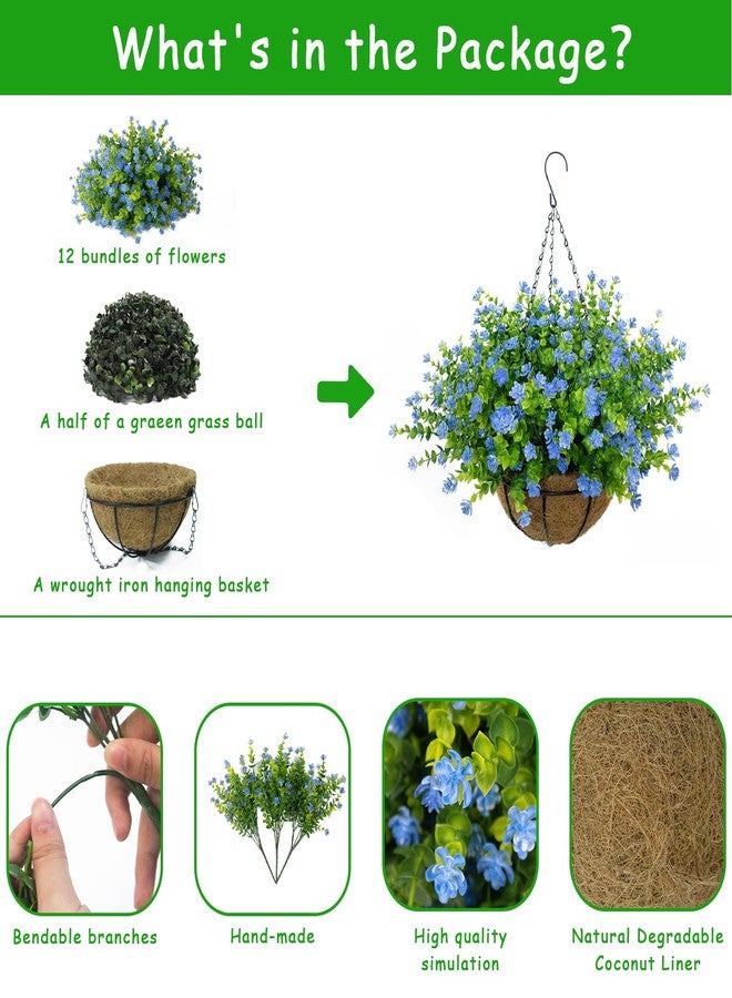 BCBLF Artificial Hanging Flowers Basket, 12 UV-Resistant Bundles of Realistic Fake Flowers, Faux Plants for Outdoor Decor, Home, Garden, Porch, Patio, Spring & Summer Decorations, Blue - Image 2