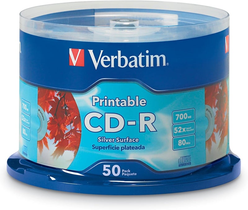 VERBATIM أقراص CD-R فارغة 700MB 80 دقيقة 52X سطح قابل للطباعة بالحبر الفضي - 50 حزمة دوارة - Image 1