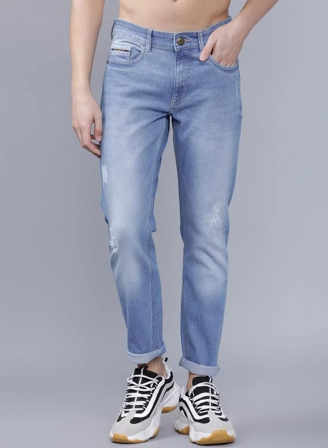 The Indian Garage Co The Indian Garage Co Men Blue Mid Rise Slim Fit Jeans with Light Distress