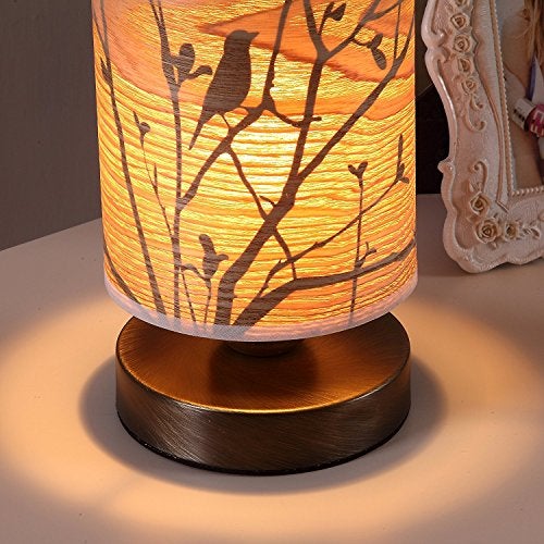 Bieye L10272 Birds in The Tree Wooden Style Table Lamp Night Light with Wood Lampshade Bronze Metal Base for Bedside Bedroom Living Room, Cylinder-Shaped (Bronze) - Image 2