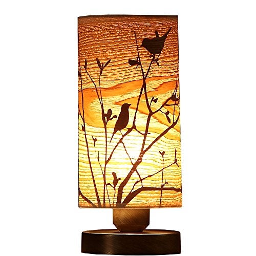 Bieye L10272 Birds in The Tree Wooden Style Table Lamp Night Light with Wood Lampshade Bronze Metal Base for Bedside Bedroom Living Room, Cylinder-Shaped (Bronze) - Image 1