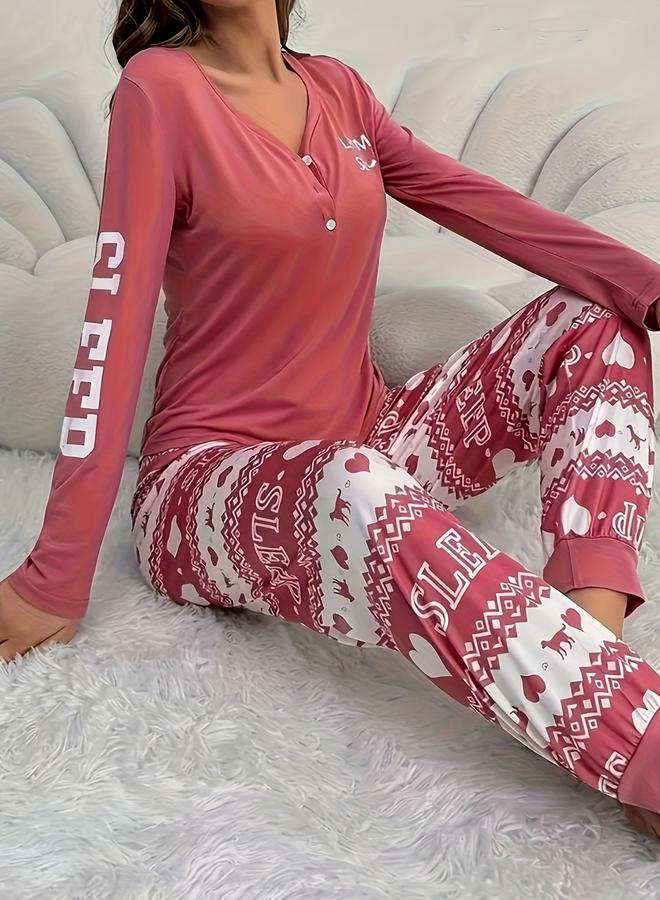 Take Two V Neck Button Detail T-Shirt and Pyjama Set - Image 5