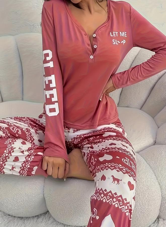 Take Two V Neck Button Detail T-Shirt and Pyjama Set - Image 4