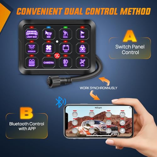 Nilight 12 Gang Switch Panel 12V 24V Universal Circuit Control Relay System with RGB Backlight APP Fuse Wiring Harness Automatic Dimmable ON Off LED Switches Pod for Car Pickup Truck Camper SUV - Image 2