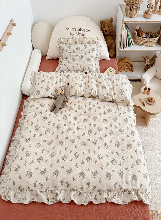 AOJIM Kids Cotton Muslin Duvet Cover with Floral Patterns, 1pc Super Soft Toddler Bedding Comforter Cover 2-Layer Gauze 47X59'', Ruffled Edges Print Duvet Protector for Girls Boys, No Quilt or Pillow - Image 1