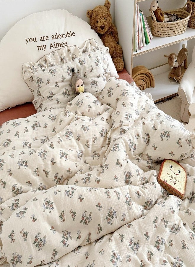 AOJIM Kids Cotton Muslin Duvet Cover with Floral Patterns, 1pc Super Soft Toddler Bedding Comforter Cover 2-Layer Gauze 47X59'', Ruffled Edges Print Duvet Protector for Girls Boys, No Quilt or Pillow - Image 3