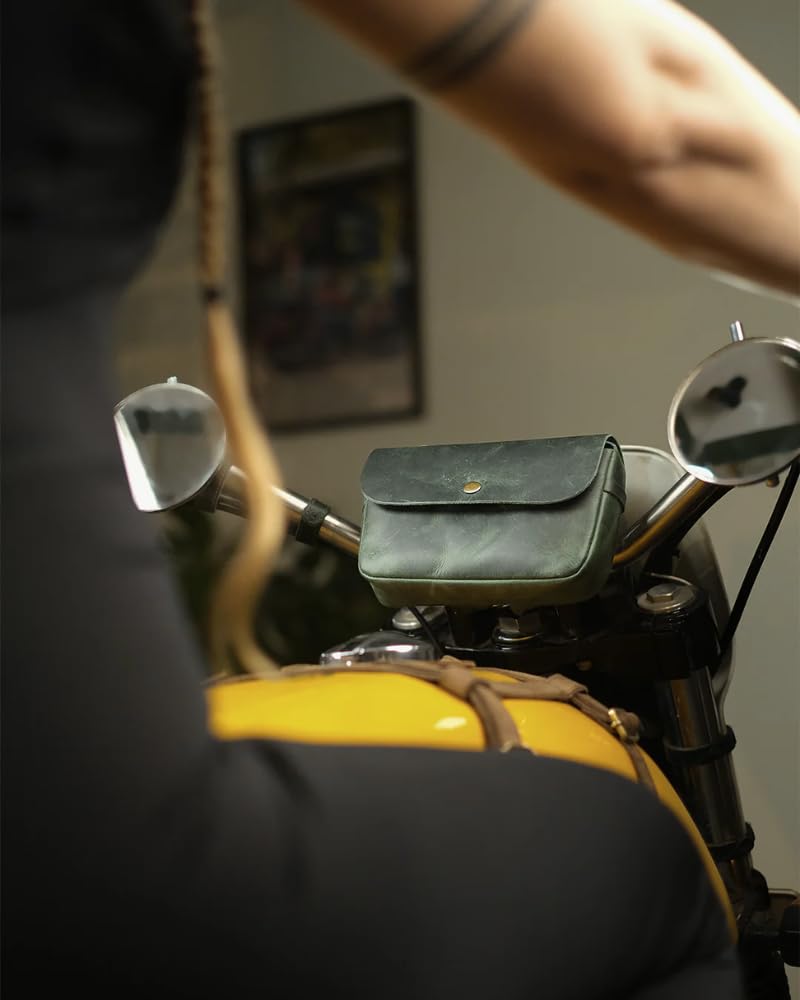 Trip Machine Company Genuine Leather Motorcycle Front Handlebar Leather Bag | Moto Backrail Sidekick Pouch | Shoulder Bag | Fanny Pack (Forest Green) - Image 2