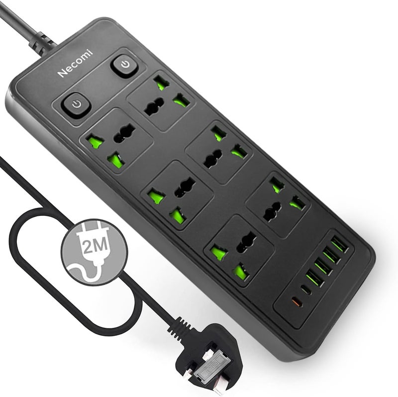 Necomi 12 in 1 Universal Power Strip with USB C, Extension Cord with 6 Wide AC Outlets and 4 USB Ports, 110-240v, Max 4000w, Wall Mount International Plug Extender for Overseas Travel Work（Two switch） - Image 1