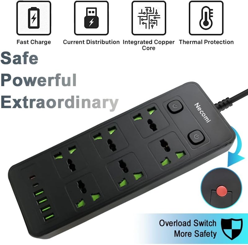 Necomi 12 in 1 Universal Power Strip with USB C, Extension Cord with 6 Wide AC Outlets and 4 USB Ports, 110-240v, Max 4000w, Wall Mount International Plug Extender for Overseas Travel Work（Two switch） - Image 4