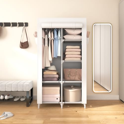 ROJASOP Portable Closet Wardrobe Closet for Hanging Clothes with 6 Storage Shelves, 1 Hanging Rod and 4 Pockets, Clothes Organizer and Storage Wardrobe Free Standing Closet for Bedroom, White - Image 2