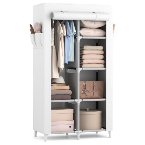 ROJASOP Portable Closet Wardrobe Closet for Hanging Clothes with 6 Storage Shelves, 1 Hanging Rod and 4 Pockets, Clothes Organizer and Storage Wardrobe Free Standing Closet for Bedroom, White - Image 1