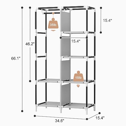 ROJASOP Portable Closet Wardrobe Closet for Hanging Clothes with 6 Storage Shelves, 1 Hanging Rod and 4 Pockets, Clothes Organizer and Storage Wardrobe Free Standing Closet for Bedroom, White - Image 3