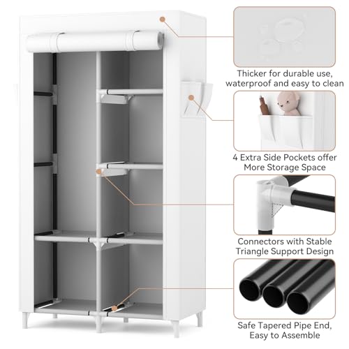 ROJASOP Portable Closet Wardrobe Closet for Hanging Clothes with 6 Storage Shelves, 1 Hanging Rod and 4 Pockets, Clothes Organizer and Storage Wardrobe Free Standing Closet for Bedroom, White - Image 4
