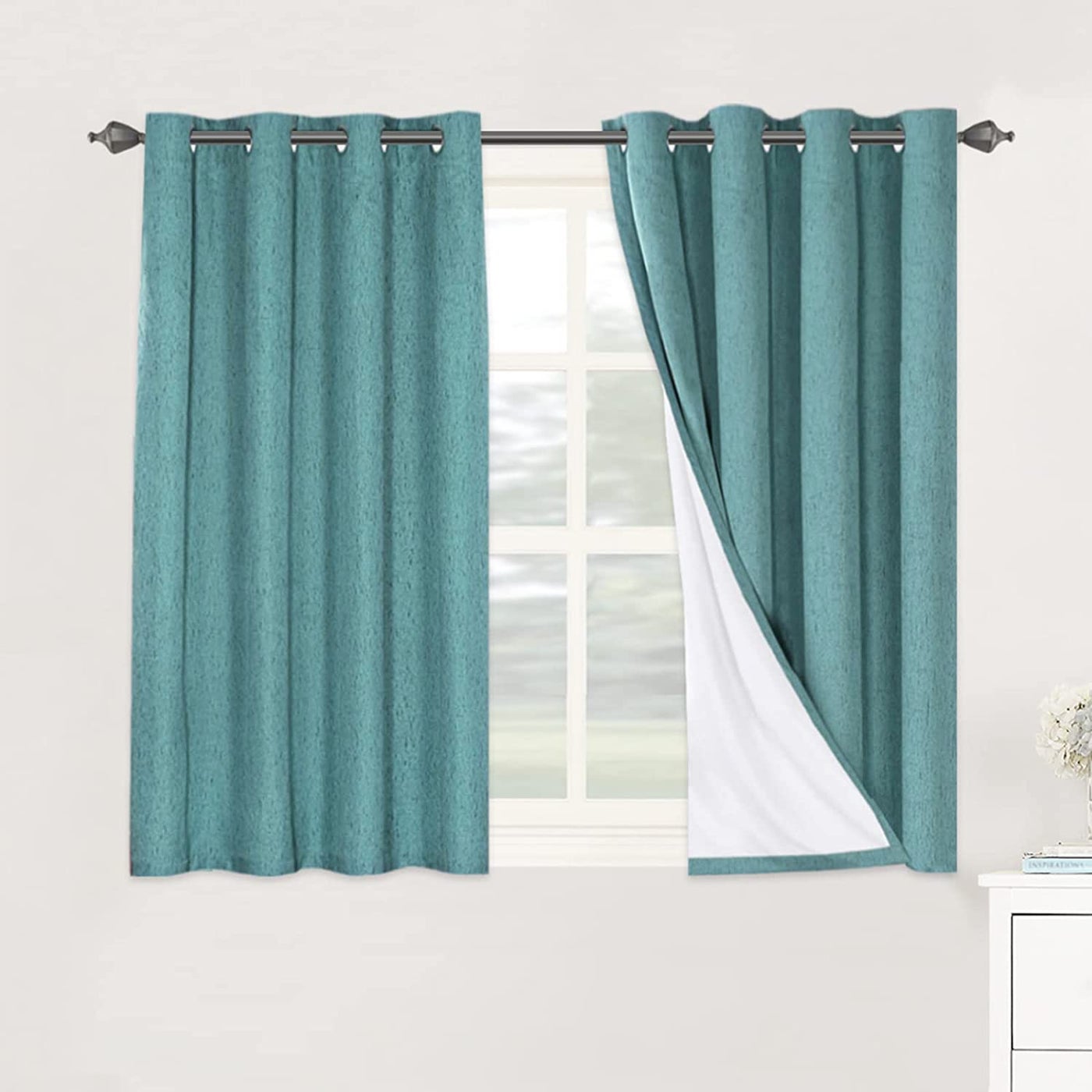 H.VERSAILTEX HVERSAILTEX Linen Blackout Curtains 45 Inches Long 100 Absolutely Blackout Thermal Insulated Textured Linen Look Curtain Draperies AntiRust Grommet Energy Saving with White Liner 2 Panels