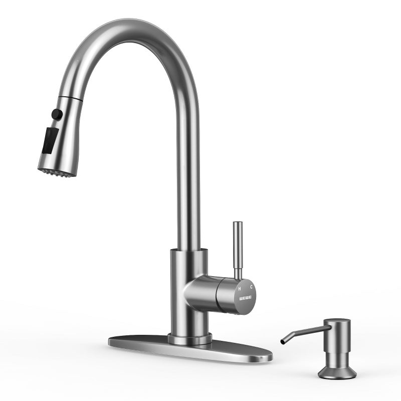 WEWE Kitchen Sink Faucet with Soap Dispenser Kitchen Faucet with Pull Down Sprayer 3 Modes Stainless Steel Single Handle Single Hole Pull Out Brushed Nickel Faucet for Bar Laundry RV Utility Sink - Image 3