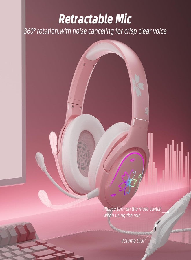 Mytrix Cherry Blossoms Wired Gaming Headset, 360° Rotation Mic, Soft Earmuff Gaming Headphones for PS4, PS5, PC & MAC, Switch, RGB Gradient Light Effect - Image 4